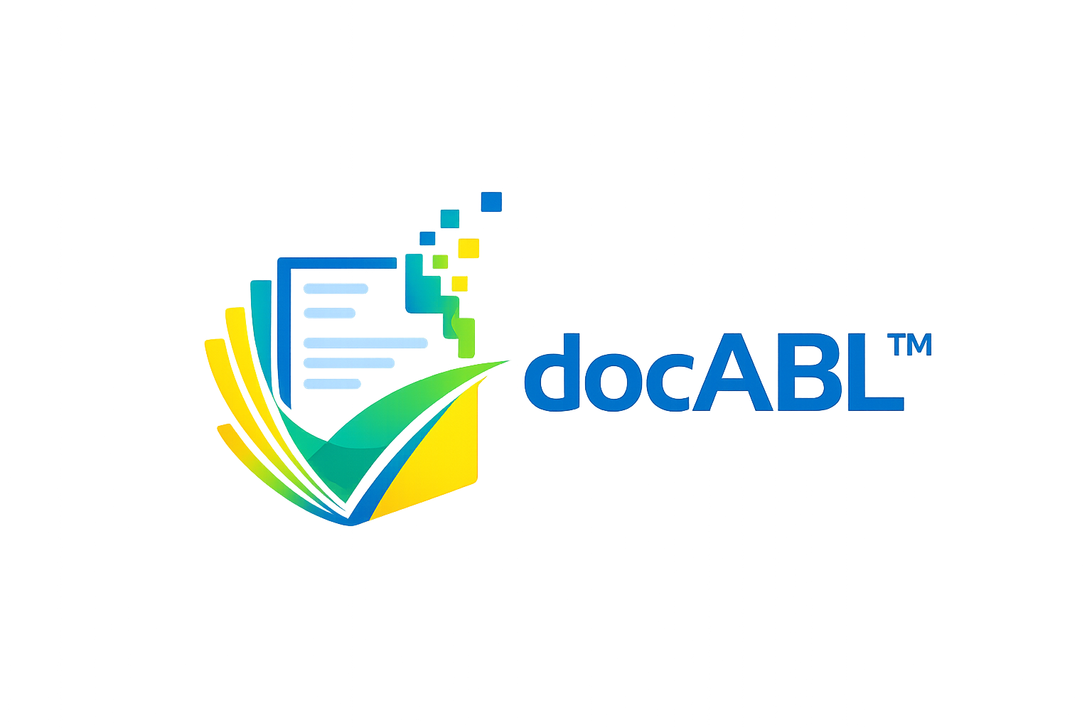 docABL logo — a document with a green check, dissolving into pixels